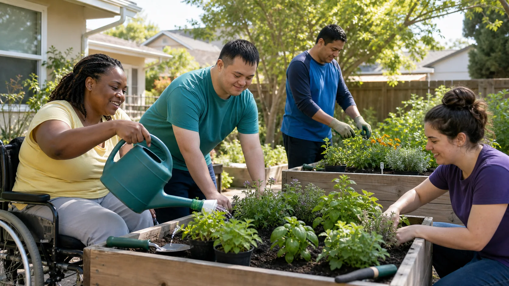 Adults with developmental disabilities gardening together at accessible raised beds