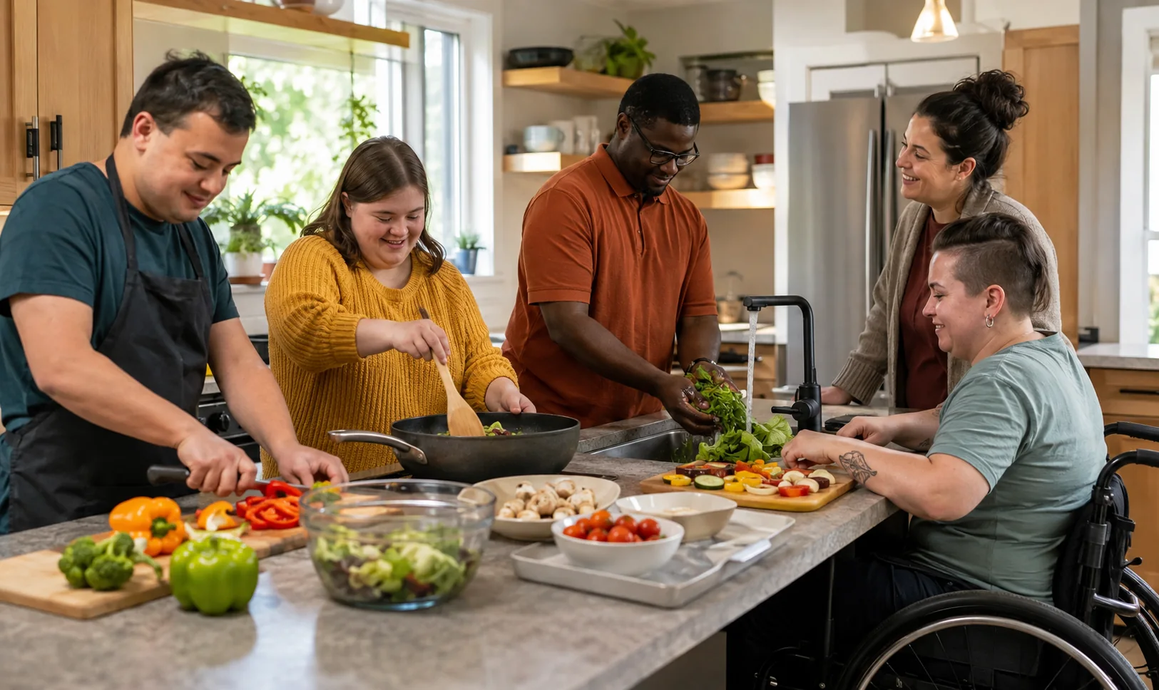 Adults preparing a shared meal together at home